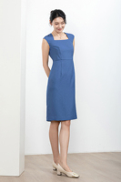 Robe d'été respirante pour femme, tissée, taille naturelle, fermetures éclair, sans manches, col carré en X, longueur genou, pour le bureau