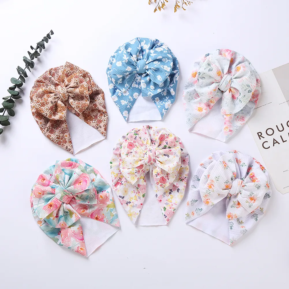 Infant Baby Boys Girls Hat New 2021 Printed Waffle Bow Knot Infant Beanie Big Bowknot Cap For Girls Kid Hats 0-2 Years