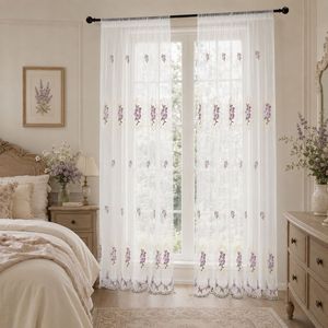 COSENNATUR Tenda in Voile Ricamata Romantica con Lavanda, Medaglione Ovale, Tasca <span class=keywords><strong>per</strong></span> Asta, Orlo Botanico Ondulato, OEM - Product Image 4