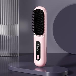 0728 Cordless 3000mah Portable Rechargeable Fast <b>Heated</b> Hair Brush Mini Straightener Hot Comb Display - Product Image 2