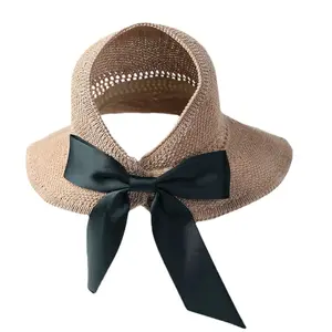 Nouveau chapeau à visière à large bord en coton pliable à toit creux à la mode pour l'extérieur avec nœud papillon à l'extérieur