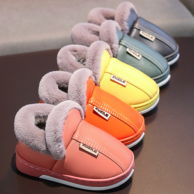 Winter Children Warm Shoes For Boy Girl Cotton Slippers PU Leather Kid Non-slip Waterproof Shoes Fashion Home Warm Casual Shoes