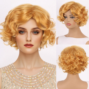 Peluca Retro estilo <span class=keywords><strong>Marilyn</strong></span> <span class=keywords><strong>Monroe</strong></span>, rubia dorada esponjosa, rizos cortos, hecha a máquina, pelo sintético resistente al calor, completa - Product Image 2