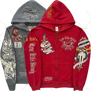 Felpa con Cappuccio da Uomo Full Zip di Alta Qualità con Ricamo Grafico, in Pile Pesante Grigio, Stile <span class=keywords><strong>Rock</strong></span> Y2K Vintage Unisex - Product Image 2