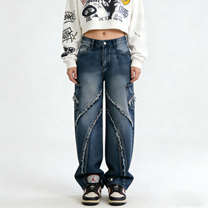 <span class=keywords><strong>Jean</strong></span> en denim délavé ample pour femme, coupe droite évasée, patchwork, bords bruts, poches latérales - Product Image 5