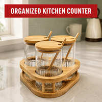 Ensemble de pots à épices en bambou avec 3 pots en verre, couvercles et cuillères en bois, support de rangement triangulaire à 2 niveaux pour comptoir de cuisine
