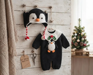 Ensemble barboteuse bébé pingouin au crochet fait main à manches longues avec bonnet, tenue de Noël pour tout-petit - Product Image 4