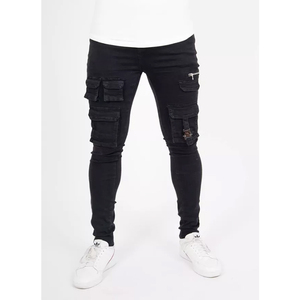 جديد وصول العلامة التجارية أسود البريدي مشبك جيوب نحيل التكتيكية البضائع الجينز الذكور الشارع ارتداء متعددة جيب البضائع سراويل جينز - Product Image 5
