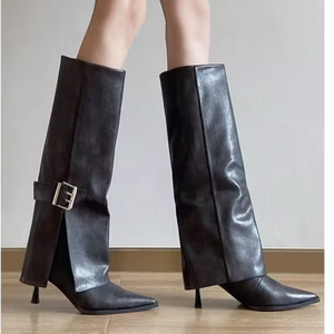 Bottes hautes à talons aiguilles pour femmes, noires, en cuir, pour l'extérieur, à bout pointu, élégantes, au-dessus du genou, vente en gros - Product Image 1