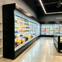 Vitrine réfrigérée commerciale à angle droit de type ouvert avec rideau d'air intégré pour supermarché, en acier inoxydable et éclairage LED