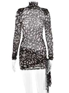 Lady Spring Slim Elegant Party Club Dress Long Sleeve Mini Dress Turtleneck Sexy Sheer Print <span class=keywords><strong>Leopard</strong></span> Bandage Women Dress - Product Image 6