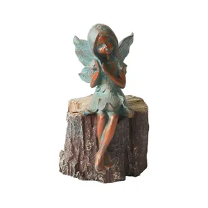 Mini Jardin Décor Bronze Résine Mini Fée Ange Figurine sur Souche D'arbre Décoration Fée Jardin Ange Sculpture