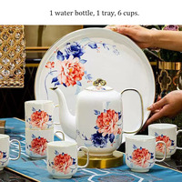 Set Teh Keramik Bunga Peony Berbingkai Emas Mewah 8 Buah, Set Cangkir Kopi dan Piring dari Fine Bone China, Hadiah Pernikahan untuk Pengantin, Kelas Atas
