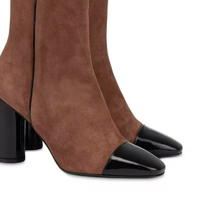 Handmade Women's High Round Chunky Heels Shoes Suede Patchwork Ankle <b>Boots</b> Side Zipper Square Toe Short <b>Boots</b> - Product Image 5