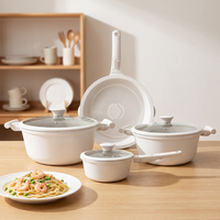 Set Panci Masak Anti Lengket Sanlang White Granite Cast Aluminum Ceramic Coating, Set Peralatan Masak Anti Lengket Bebas PFAS, Aman untuk Oven