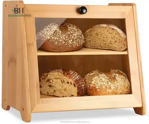 Bamboo Bread box with Cutting Board 2 Layer Bread Storage Bin with Clear Window and Adjustable Shelf
