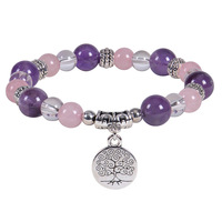 Bracelet unisexe en perles de pierres précieuses de 8 mm plaqué or 18 carats, fait main, avec pendentif Arbre de Vie triple protection, motif boule Aonaya