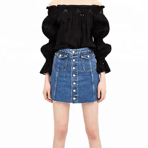 नवीनतम बटन सामने डिजाइन सस्ते जींस लड़कियों डेनिम स्कर्ट शीर्ष और स्कर्ट सेट महिला