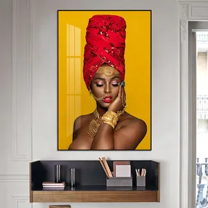 Black Woman In Red Headscarf Crown African American Wall Art Decor Canvas Designed On Canvas Poster Painting
