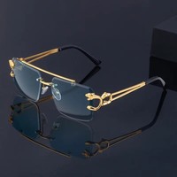 Lunettes de soleil sans monture tendance 2026 avec tête de léopard rétro et double pont, protection UV400 pour femme