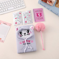 Set de Papelería para Niñas, Cuaderno de Peluche con Gatito, Bolígrafo con Pompones, Pegatinas, Diario Espiral, Regalo de Cumpleaños o Navidad para Niñas