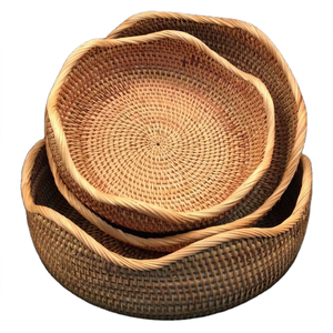 Handmade Rattan Storage <b>Baskets</b> Round <b>Stackable</b> Rustic Design Multi Purpose Living Room Organization Tray - Product Image 1
