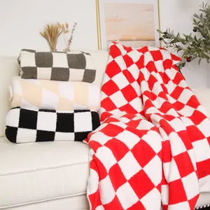 Customized logo soft tie dye checkered board mantas cobijas chunky yarn knit blanket for airplane travel hotel sofa