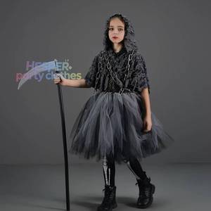 Costume d'Halloween Grim Reaper pour filles HP, tenue de démon effrayante à capuche pour enfants, robe de tutu pour fête costumée - Product Image 1