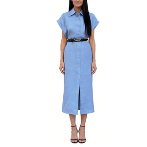 Robe chemise en lin beige pour femme, manches courtes, ceinture, robe maxi avec fente latérale et poches, mode décontractée d'été - Product Image 3