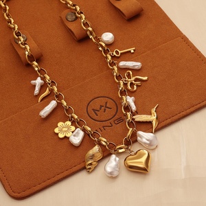 Collar de Perlas de Moda, Acero Inoxidable, Perlas de Imitación, Nudo de Mariposa, Amor, Paz, Pájaro, Flor, Collar Grueso - Product Image 2