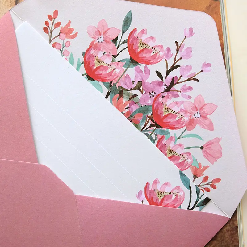Envelope personalizado com impressão offset em 4 cores e papel para escrever, carteira de embalagem, conjunto de letras florais com logotipo comercial comum