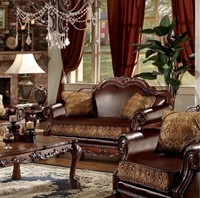 Meubles anciens de luxe, structure en bois, canapés et fauteuils en cuir, cadre en bois sculpté à la main, ensemble de canapés en cuir