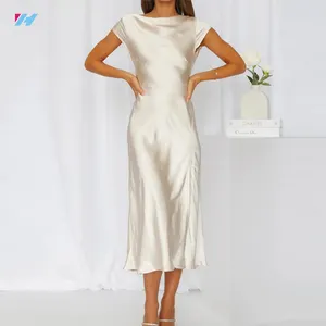 Custom Luxury Lady Elegant Short Sleeve White Satin Midi Long Dress For Women