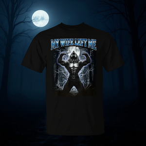 Camiseta con meme de hombre lobo, mi esposa me dejó, negra, unisex para adultos - Product Image 3