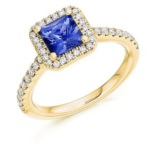 Anillo de Compromiso de Plata de Ley 925 con Halo de Circonitas Cúbicas con Corte Princesa y Oro de 14K, Joyería con Piedra de Tanzanita, Anillos de Tanzanita - Product Image 1