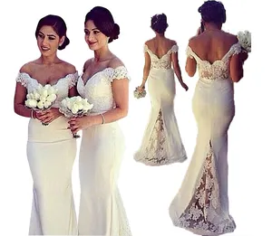 Newest women's White long bridesmaid lace stitching tail wedding evening dress