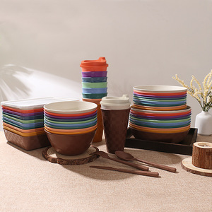 Juego de Vajilla de Paja de Trigo con Diseño a Cuadros, Ecológico, Libre de BPA, Platos, Tazones y Cubiertos Irrompibles - Product Image 3