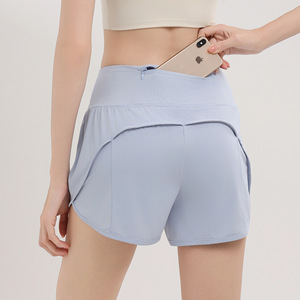 Shorts de course taille haute pour femmes avec poche arrière zippée 2-en-1 anti-transparence, séchage rapide et respirant pour l'entraînement – Vente en gros - Product Image 4