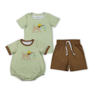Conjunto de Ropa de Verano para Niños con Bordado de Pesca de Cachorros y Rayas Verdes RTS - Product Image 1