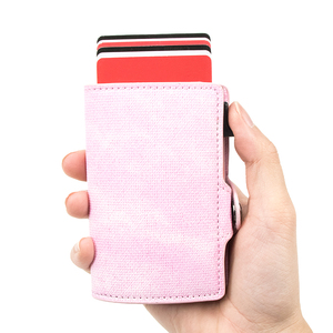 Women Slim Minimalist Pink Denim Leather Bank Credit Card <b>Wallet</b> <b>Holder</b> Aluminum Metal Pop Out Cardholder Tarjetero Para Mujer - Product Image 1
