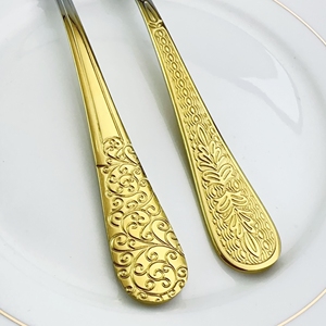 ชุดช้อนส้อมสแตนเลสชุบทอง MYD 6 ชิ้น ด้ามจับลายนูน ช้อน ส้อม มีด ชุดช้อนส้อมสไตล์ตะวันออกกลาง สำหรับงานแต่งงาน - Product Image 5