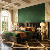 Cama de Plataforma con Base Ajustable RIPLEY, Diseño Italiano de Lujo, Tapizada en Tela, con Aleros Curvos, Incrustaciones de Metal Dorado, Láminas Silenciosas de Roble