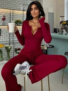 纯色夏季时尚休闲套装长袖上衣搭配高腰抽绳裤两件套大号XXL - Product Image 4