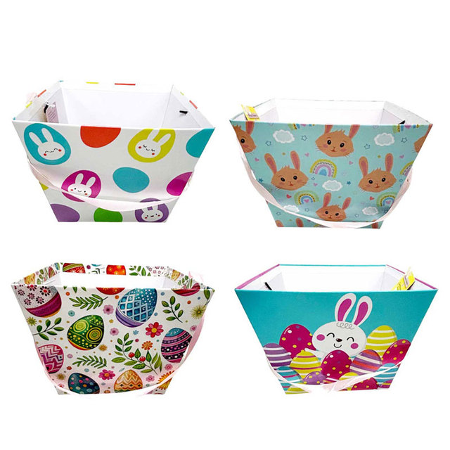 Recyclable Easter Paper Baskets Bunny & Egg Print Buckets for Eco-Friendly Easter Celebrations & Zero-Waste Party Supplies