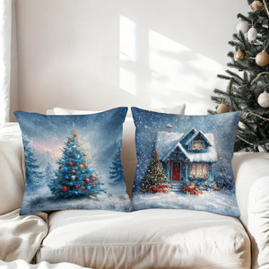 Bantal dekoratif bertema Natal yang menampilkan pemandangan bersalju dengan pohon-pohon yang dihias dan rumah-rumah yang nyaman untuk dekorasi rumah yang meriah. - Product Image 3