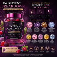 Gummies de biotine et collagène virales, à la kératine et à l'acide hyaluronique, sans sucre, à base de pectine, véganes, sans gluten, pour cheveux, peau et ongles, 120 unités