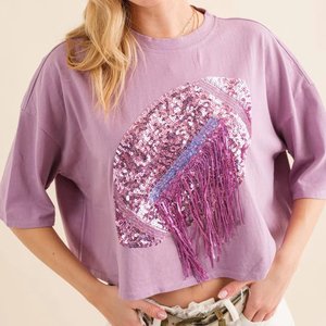 Fuzzy Game Day Fútbol <span class=keywords><strong>Lentejuelas</strong></span> Bordado <span class=keywords><strong>Camiseta</strong></span> corta Top para mujer - Product Image 4