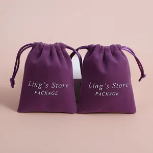 Custom Logo Printed Soft Velvet Jewelry Drawstring Bag for Wedding Favor Gift Necklace Bracelet Gift Package Purple Suede Pouch