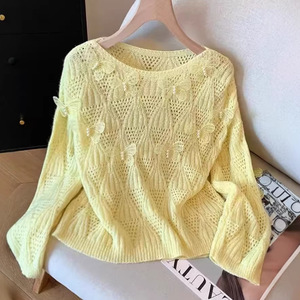 Suéter de punto calado para mujer, manga larga, holgado, de ganchillo, transpirable, top de primavera - Product Image 1