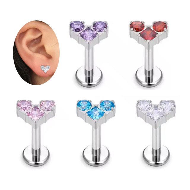 Flat Back Earring Women Fashion Helix Piercing 16G Zircon Heart Labret Piercing Lip Ring Stainless Steel Body Jewelry for Women